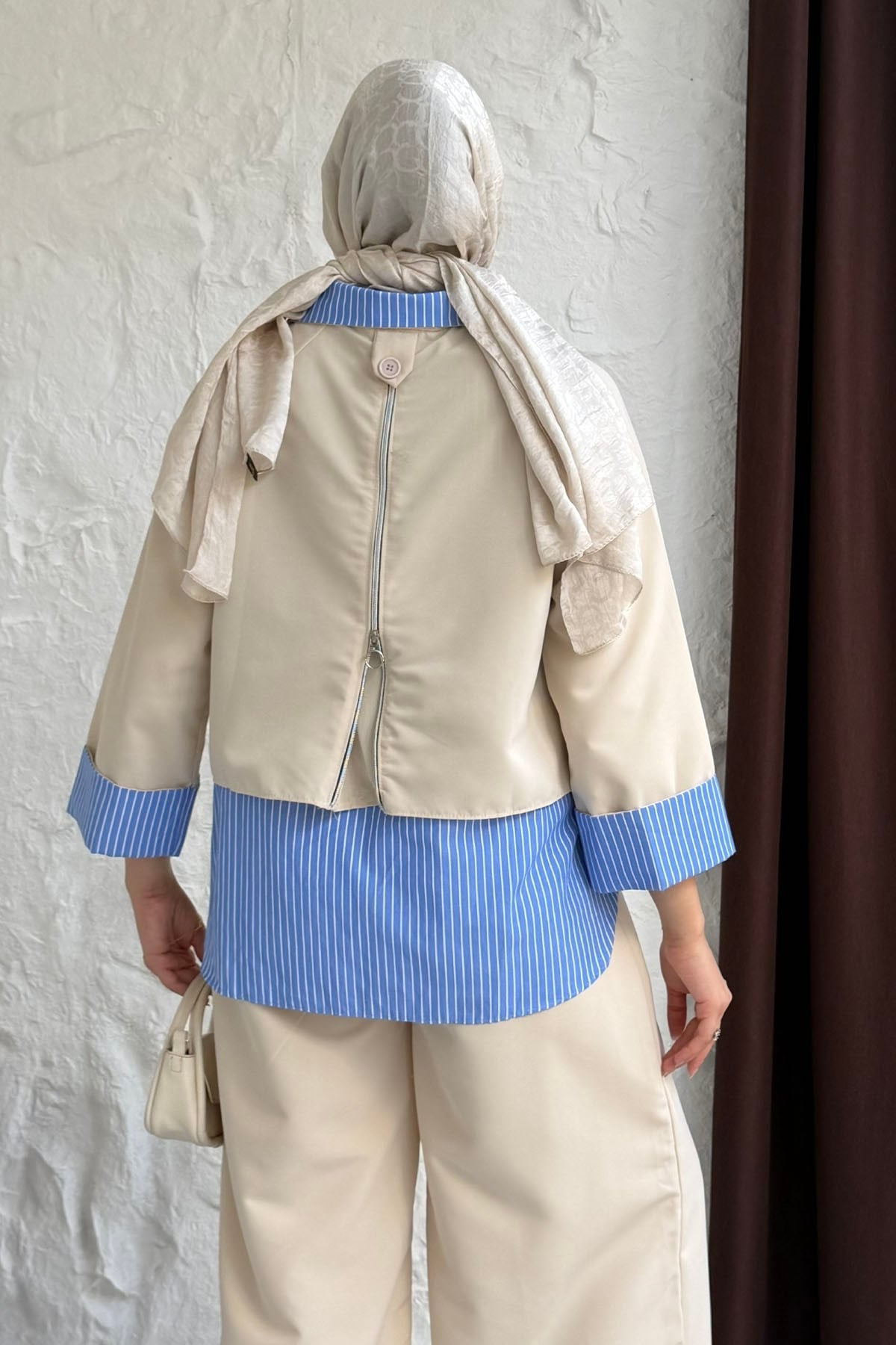 Layered Zip-Back Shirt & Wide-Leg Trousers Set | Beige