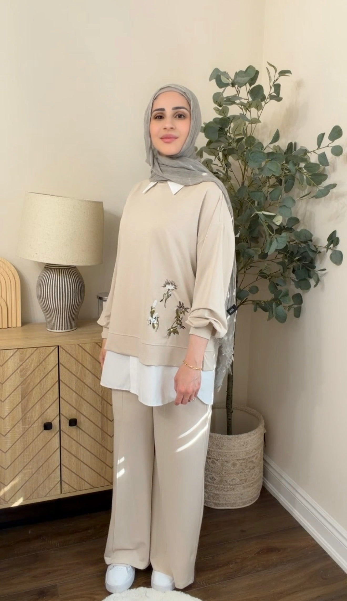 Oysho Soft 3-Piece Embroidered Modest Set - Beige