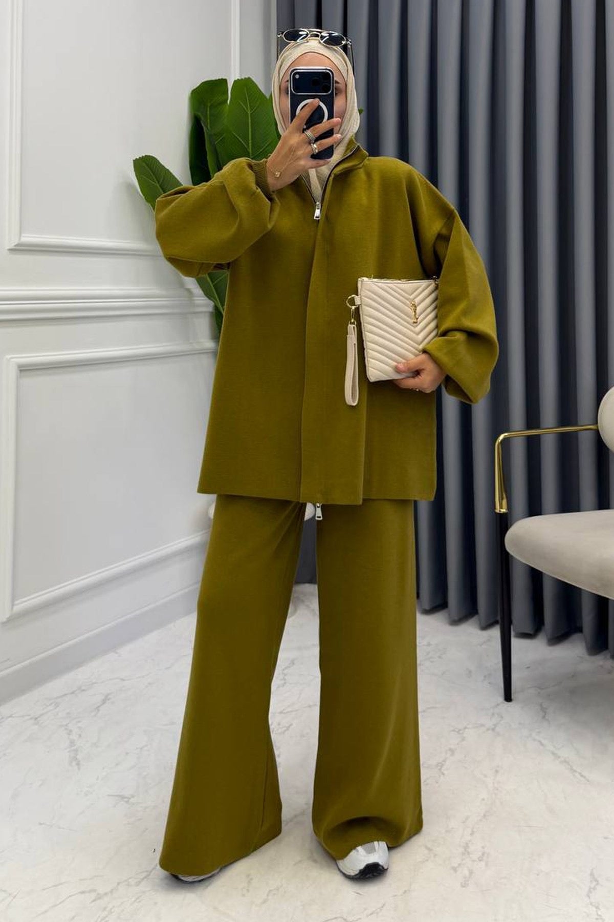 Olive Green Knit Zip-Up Two-Piece