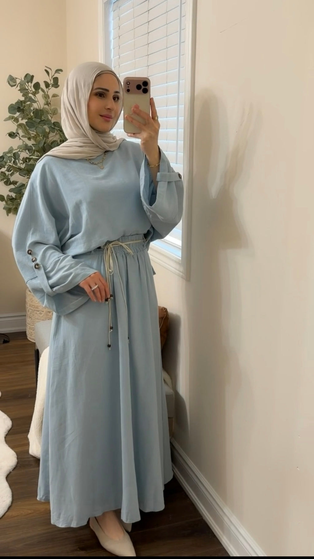 Sky Blue Linen Skirt Set with Braided Rope Belt