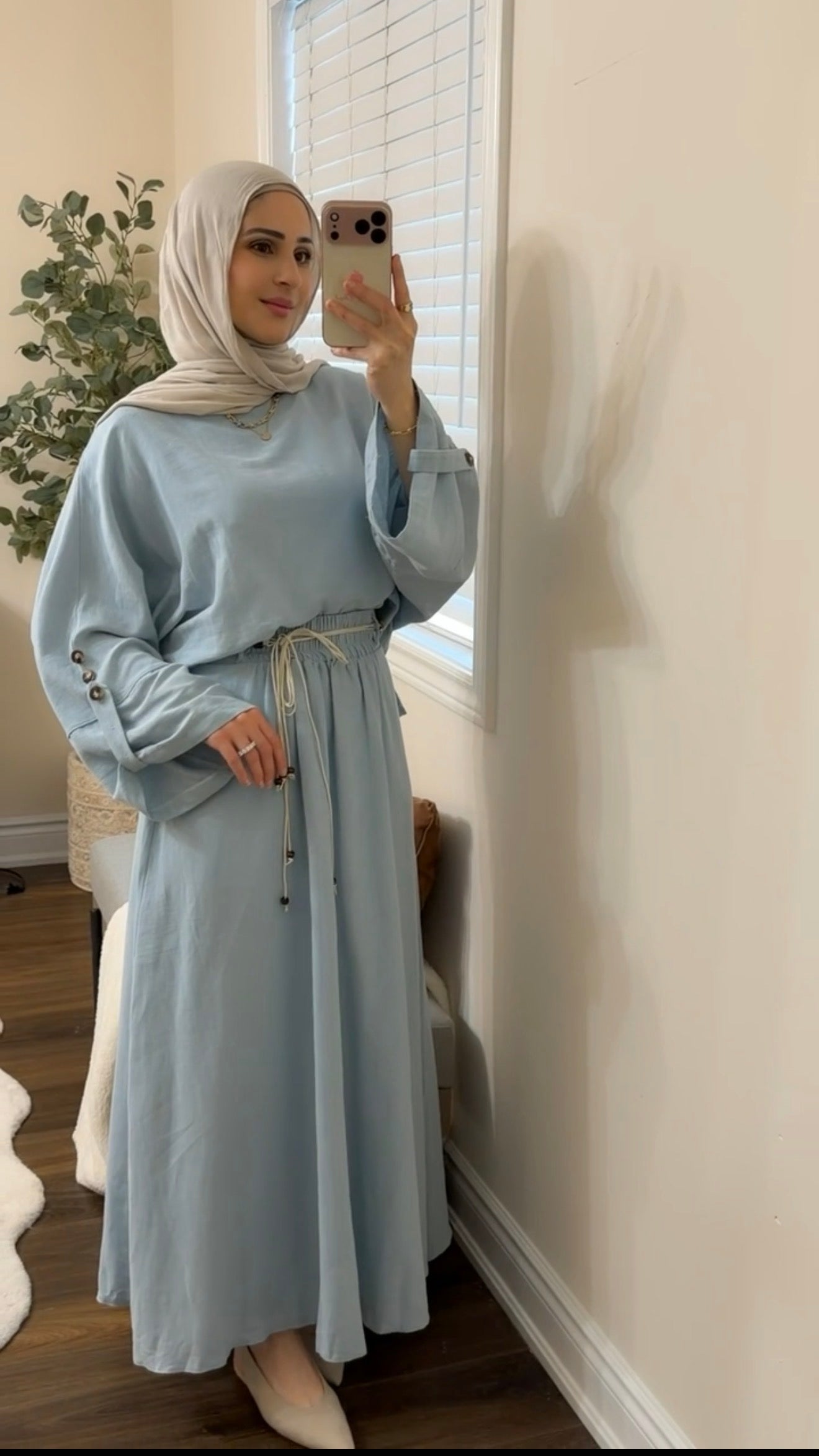 Sky Blue Linen Skirt Set with Braided Rope Belt
