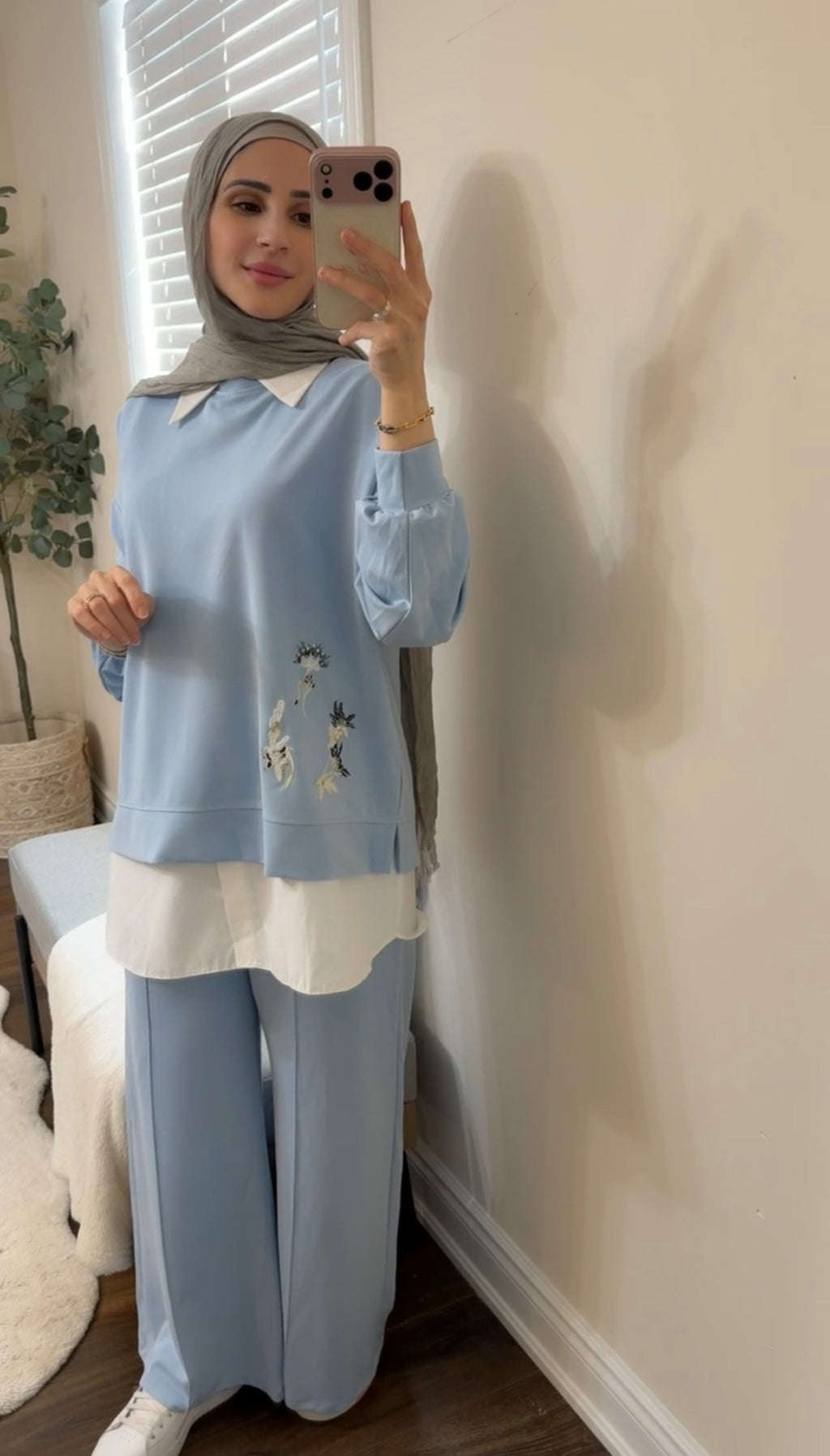Oysho Soft 3-Piece Embroidered Modest Set - Baby Blue
