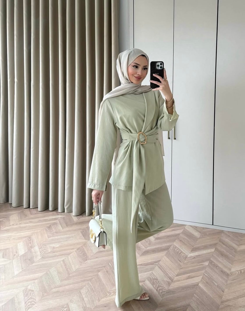 Elegant Front-Tie Aerobin Two-Piece Tunic Set – Sage Green
