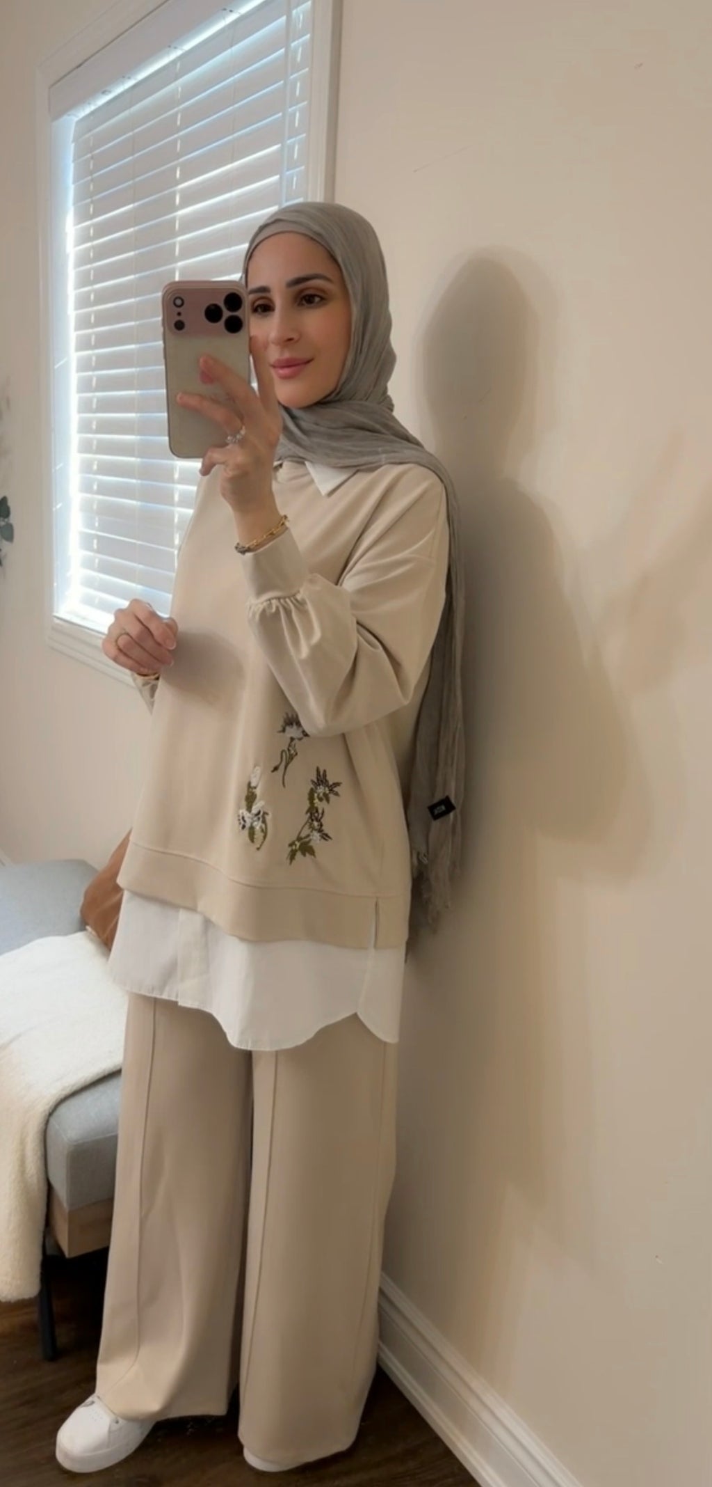 Oysho Soft 3-Piece Embroidered Modest Set - Beige