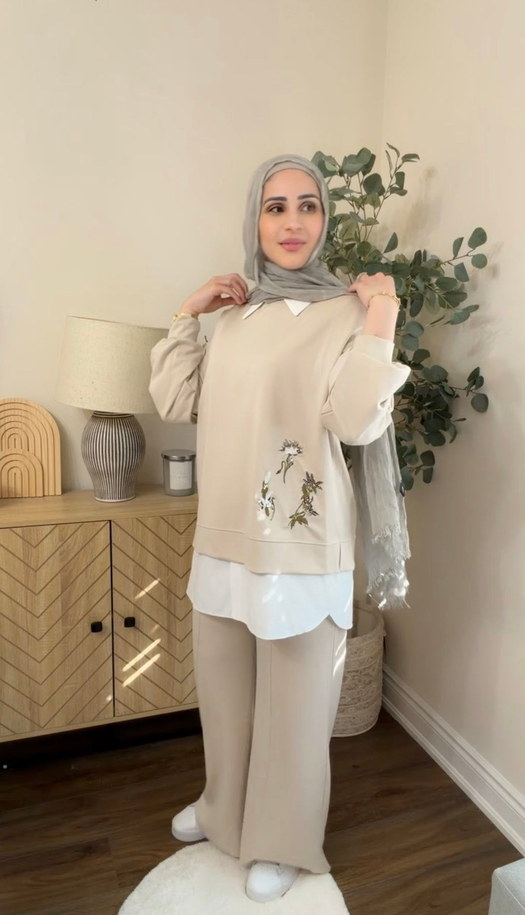 Oysho Soft 3-Piece Embroidered Modest Set - Beige
