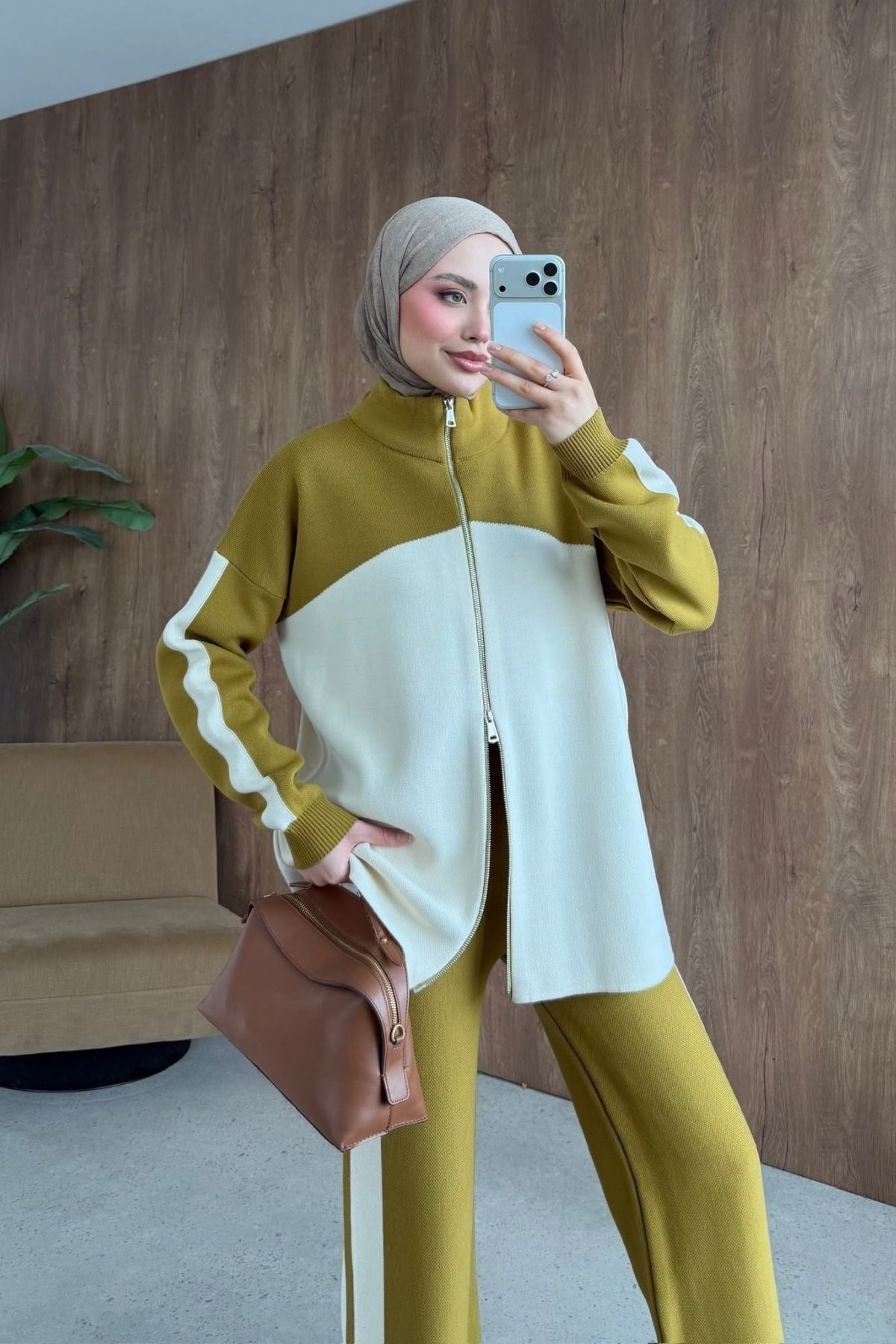 Olive & Cream Two-Tone Knit Set