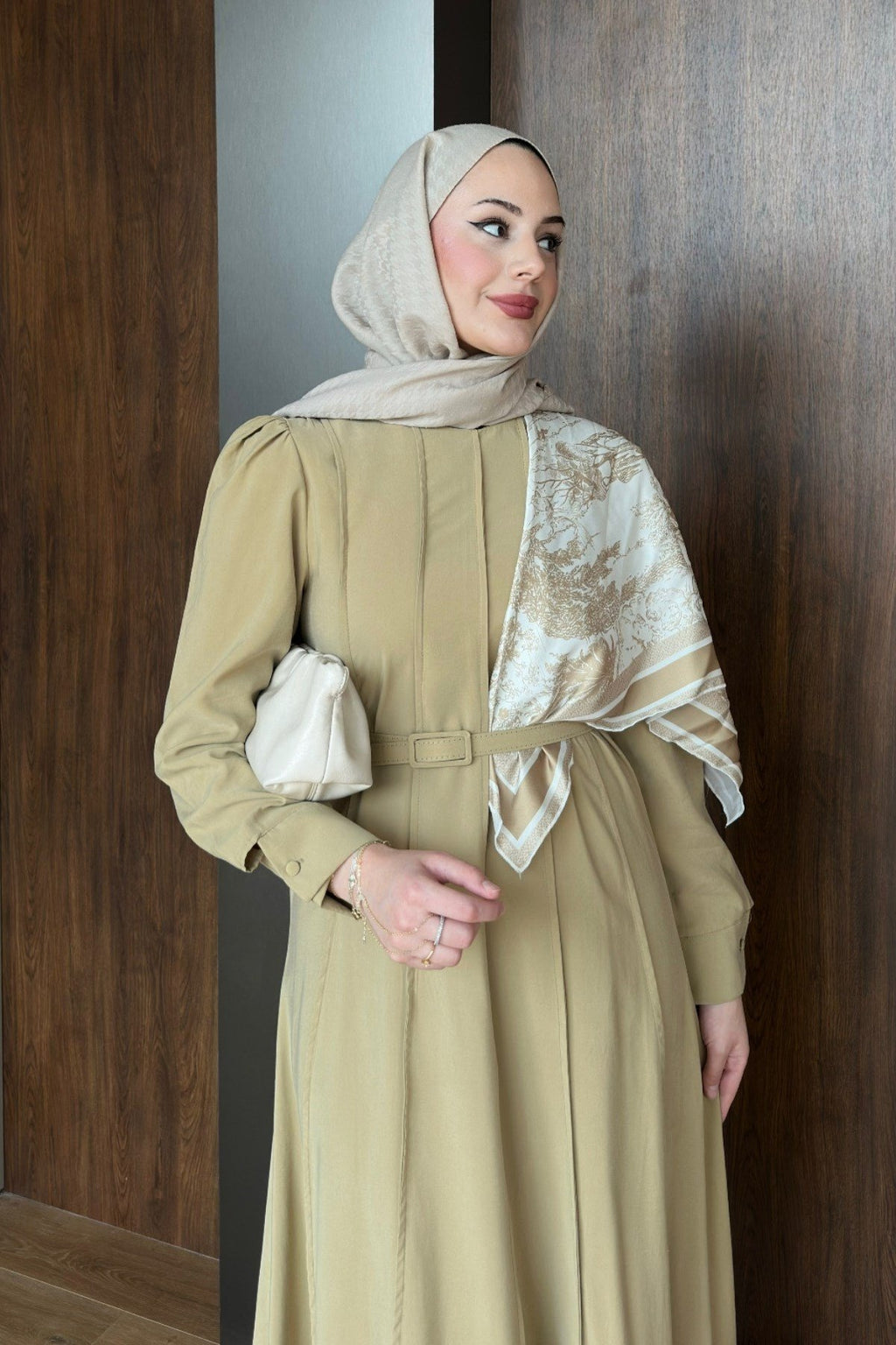 The Husna Embossed Maxi Dress with Scarf / Cumin