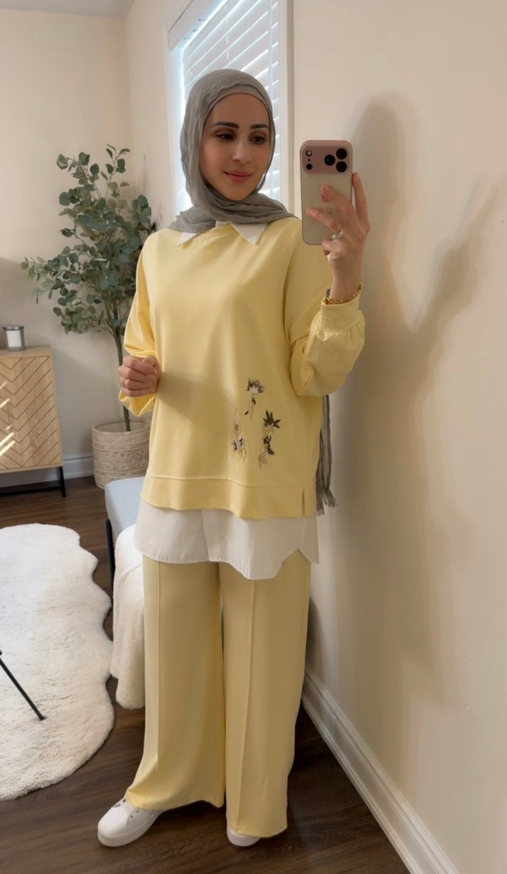 Oysho Soft 3-Piece Embroidered Modest Set - Butter Yellow