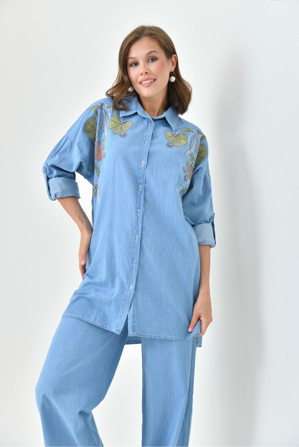 Denim Embroidered Shirt & Pant set