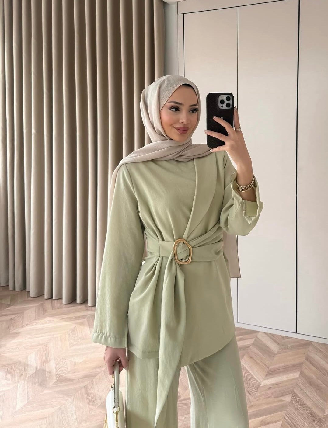 Elegant Front-Tie Aerobin Two-Piece Tunic Set – Sage Green