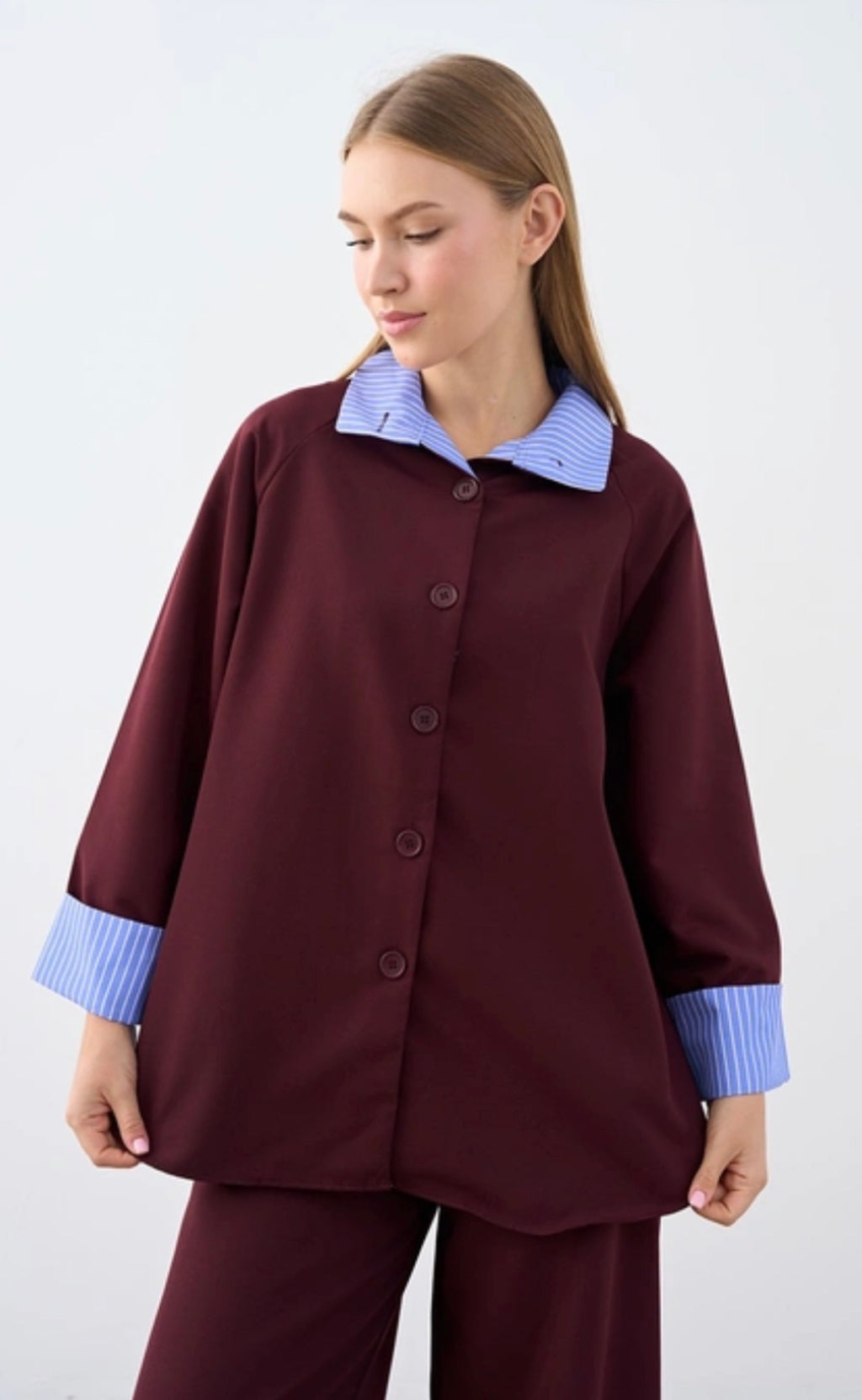Layered Zip-Back Shirt & Wide-Leg Trousers Set | Plum