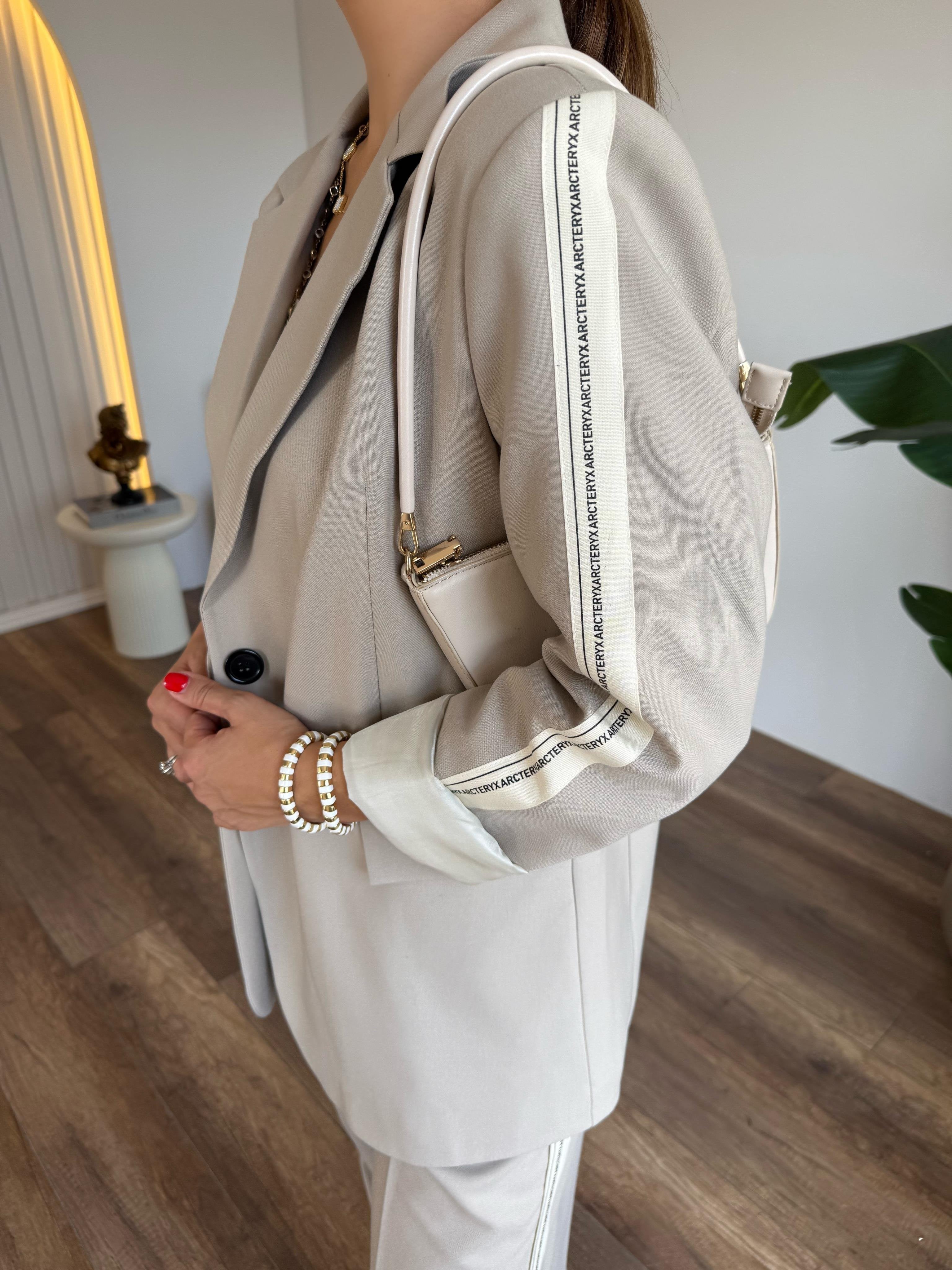 2 -PIECE BEIGE STRIP DETAILED JACKET SET