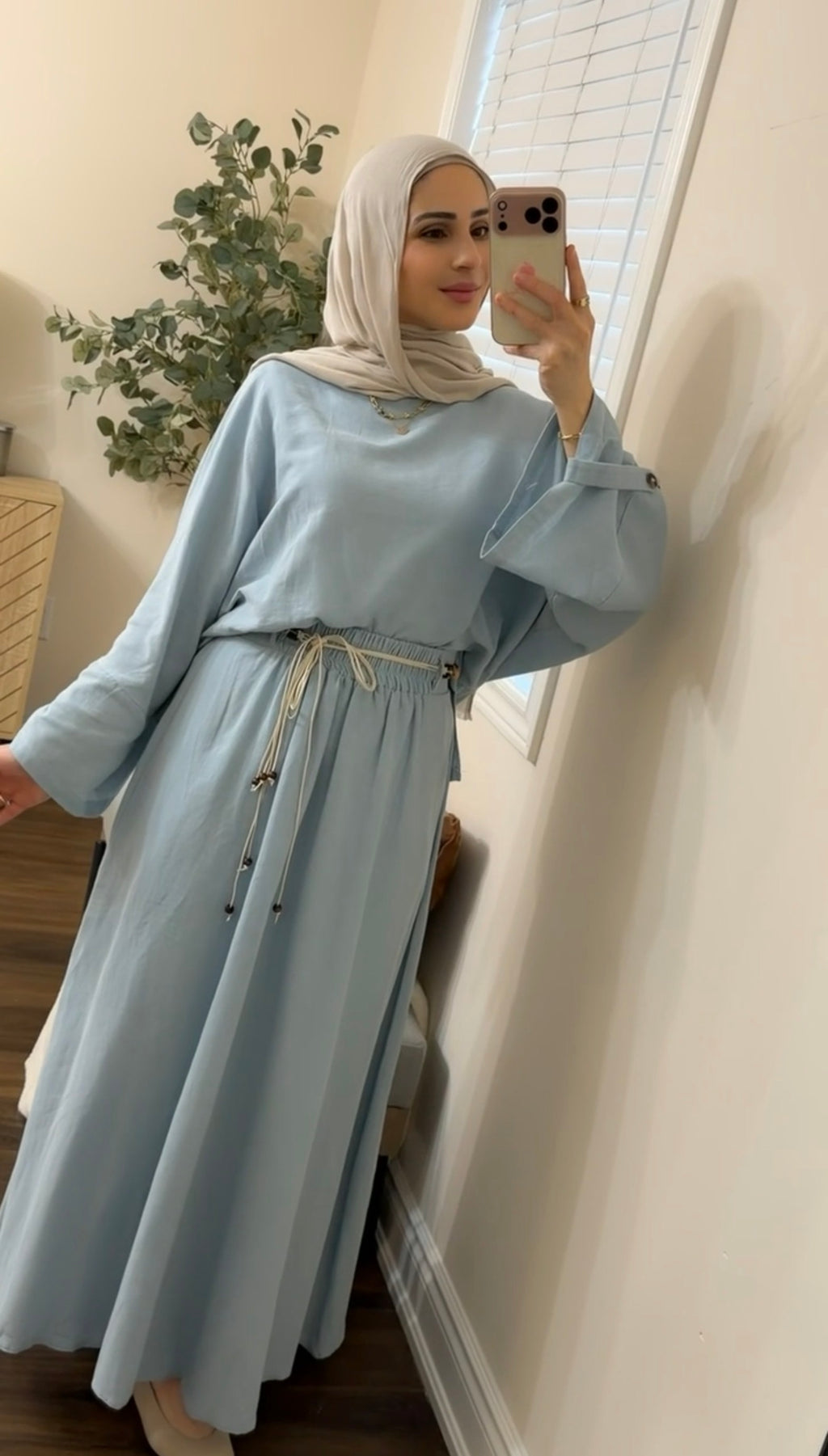 Sky Blue Linen Skirt Set with Braided Rope Belt