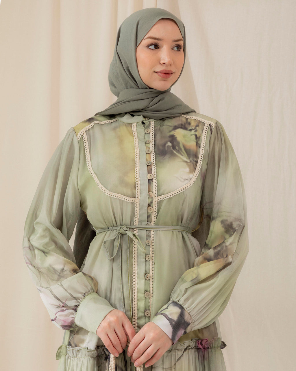 Eid Olive Mist Layered Dress