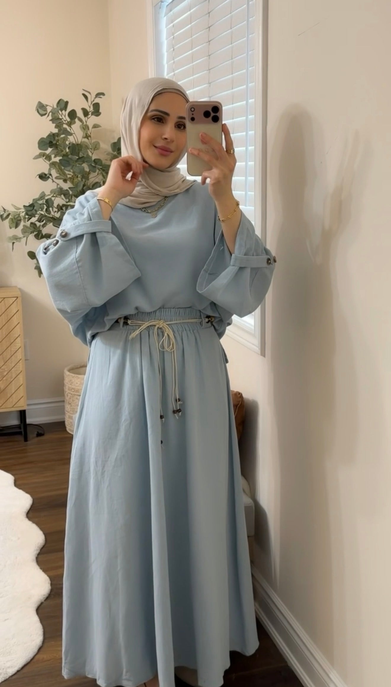 Sky Blue Linen Skirt Set with Braided Rope Belt
