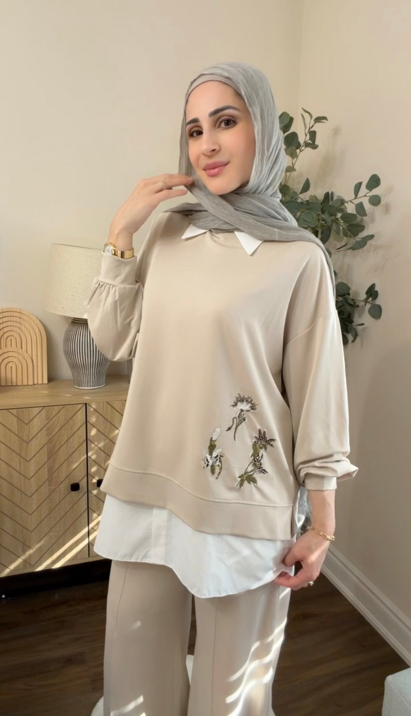 Oysho Soft 3-Piece Embroidered Modest Set - Beige