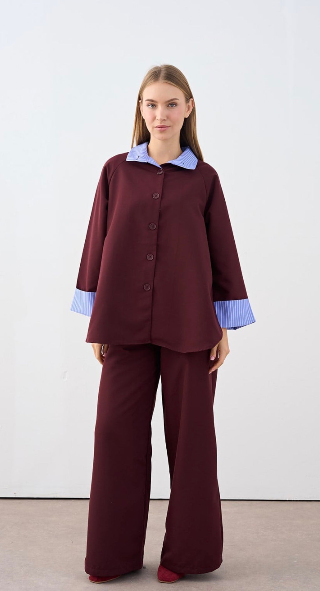 Layered Zip-Back Shirt & Wide-Leg Trousers Set | Plum