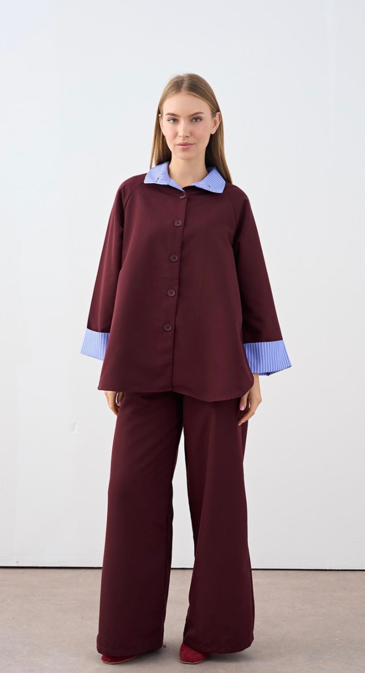 Layered Zip-Back Shirt & Wide-Leg Trousers Set | Plum
