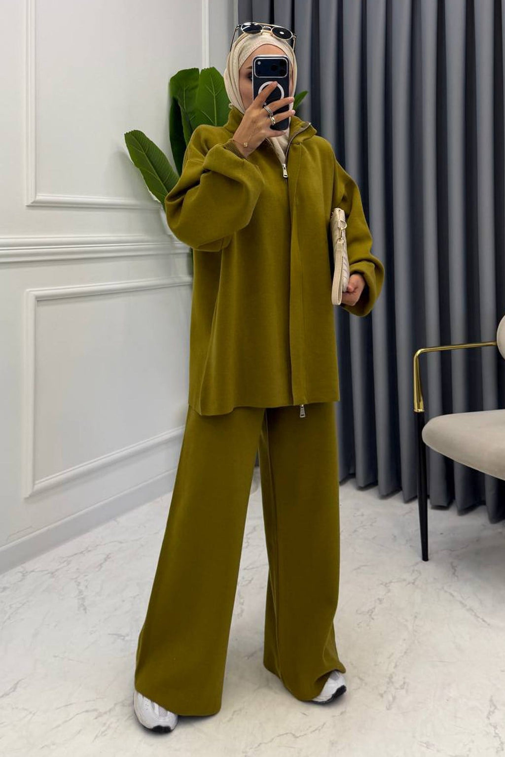 Olive Green Knit Zip-Up Two-Piece