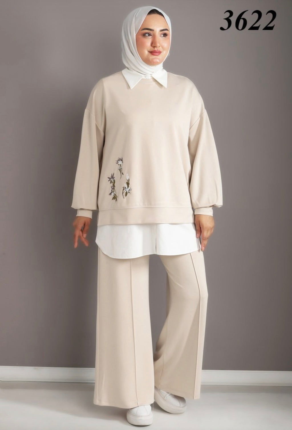 Oysho Soft 3-Piece Embroidered Modest Set - Beige