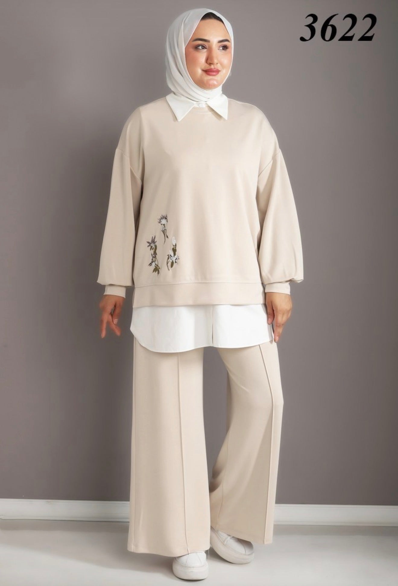 Oysho Soft 3-Piece Embroidered Modest Set - Beige