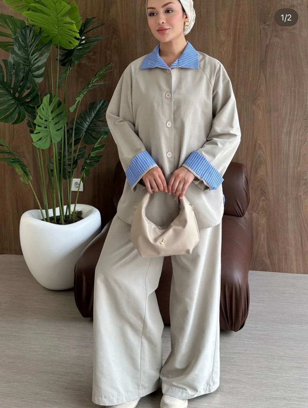 Layered Zip-Back Shirt & Wide-Leg Trousers Set | Beige