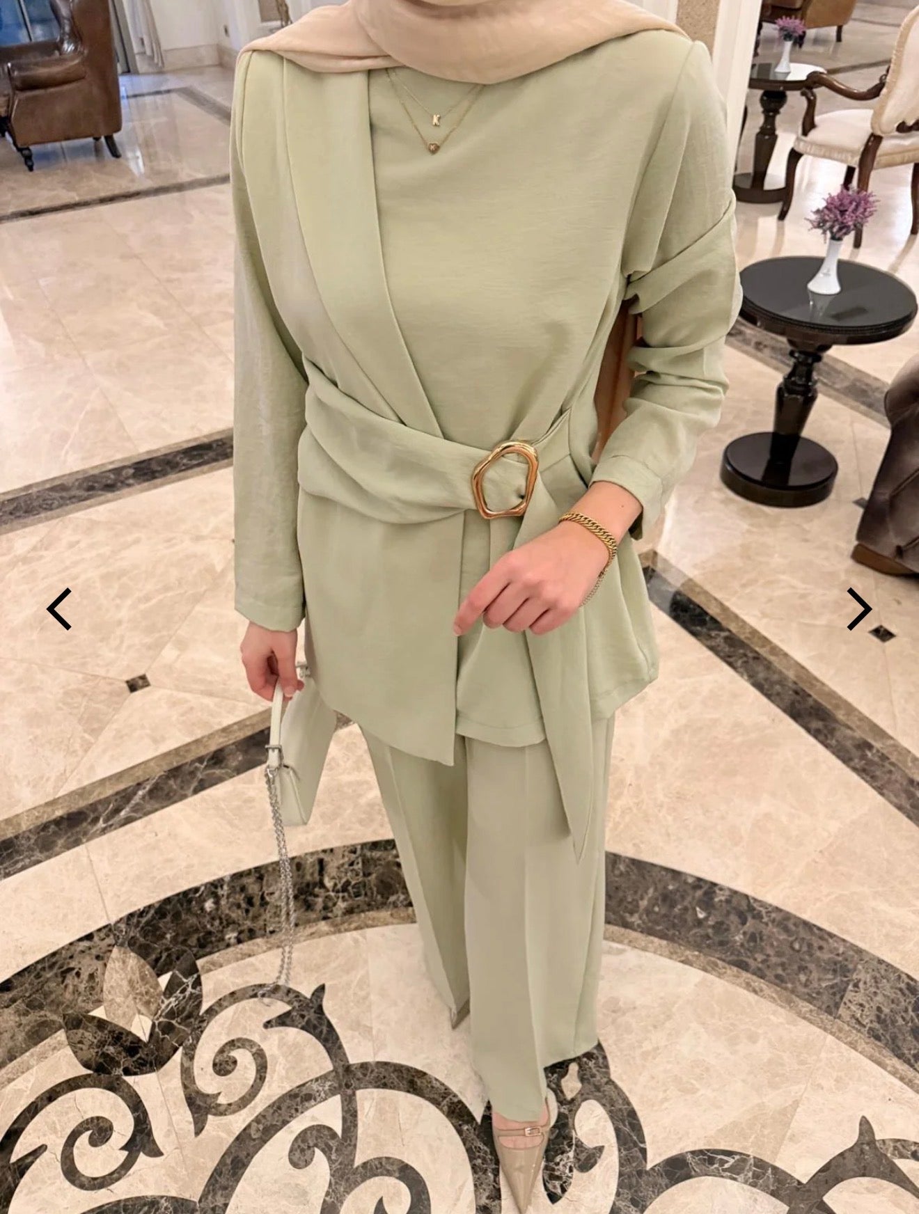 Elegant Front-Tie Aerobin Two-Piece Tunic Set – Sage Green