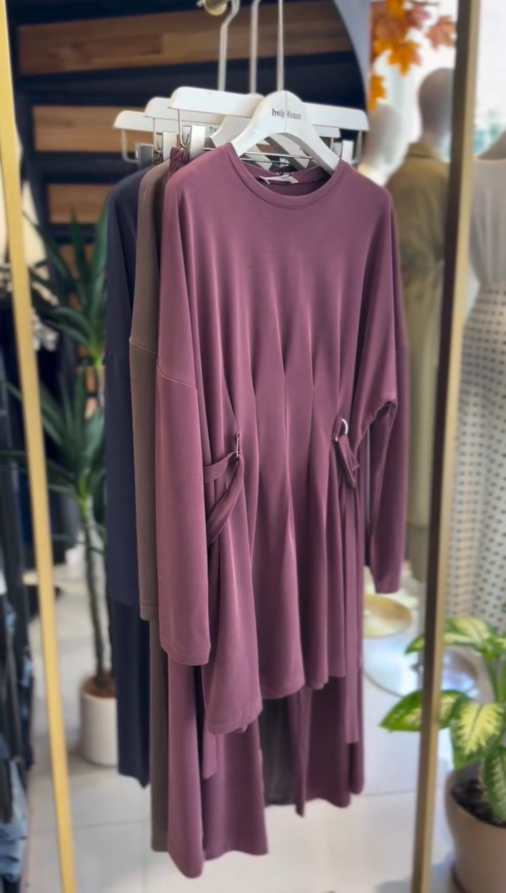 Soft Oysho Gathered Tunic & Pant Set - Plum