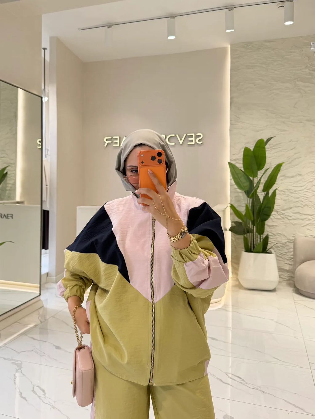 Pink Color-Block Casual Tracksuit Set