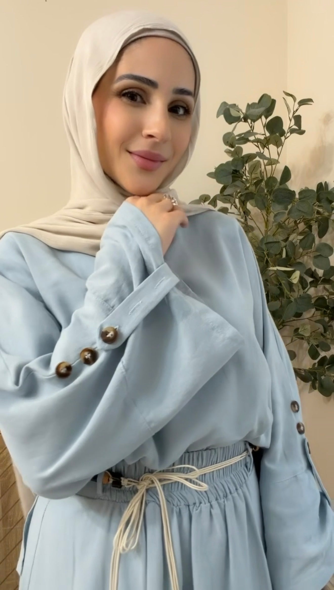 Sky Blue Linen Skirt Set with Braided Rope Belt