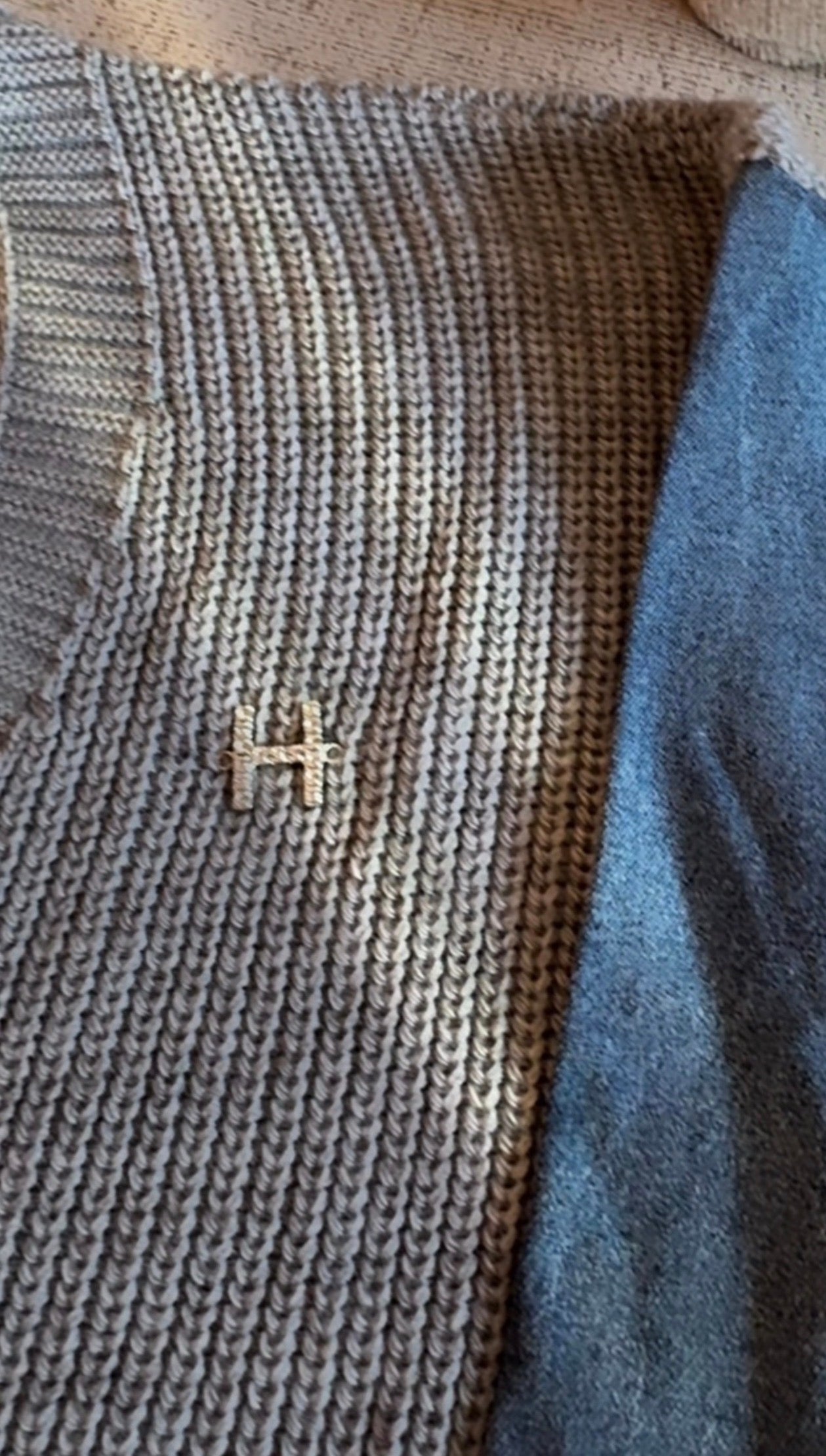 Knitted Cardigan with Denim Sleeve - Grey