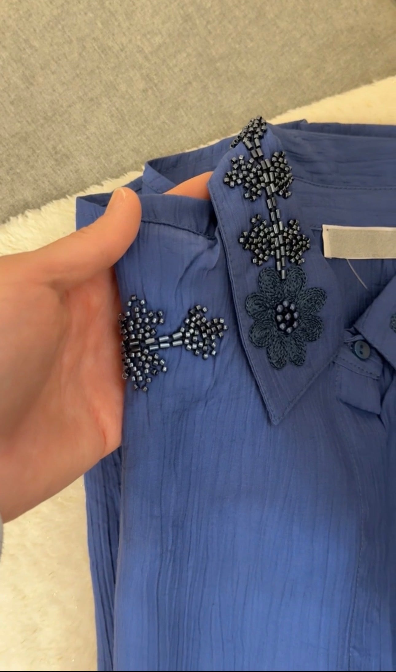 Embroidered Textured Oversized Shirt – Indigo Blue