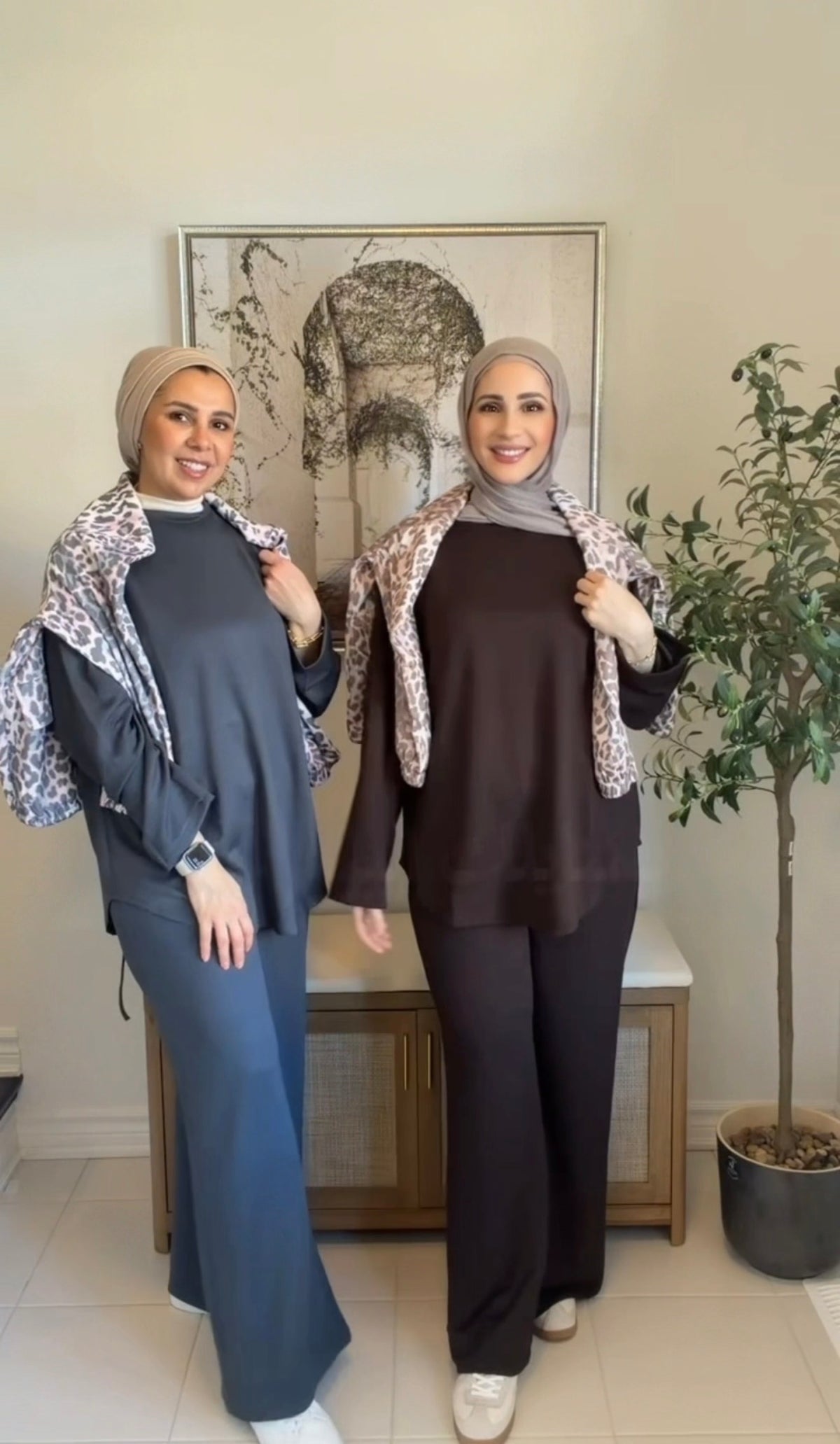 Leopard Accent 3-Piece Modest Lounge Set - Dark Grey