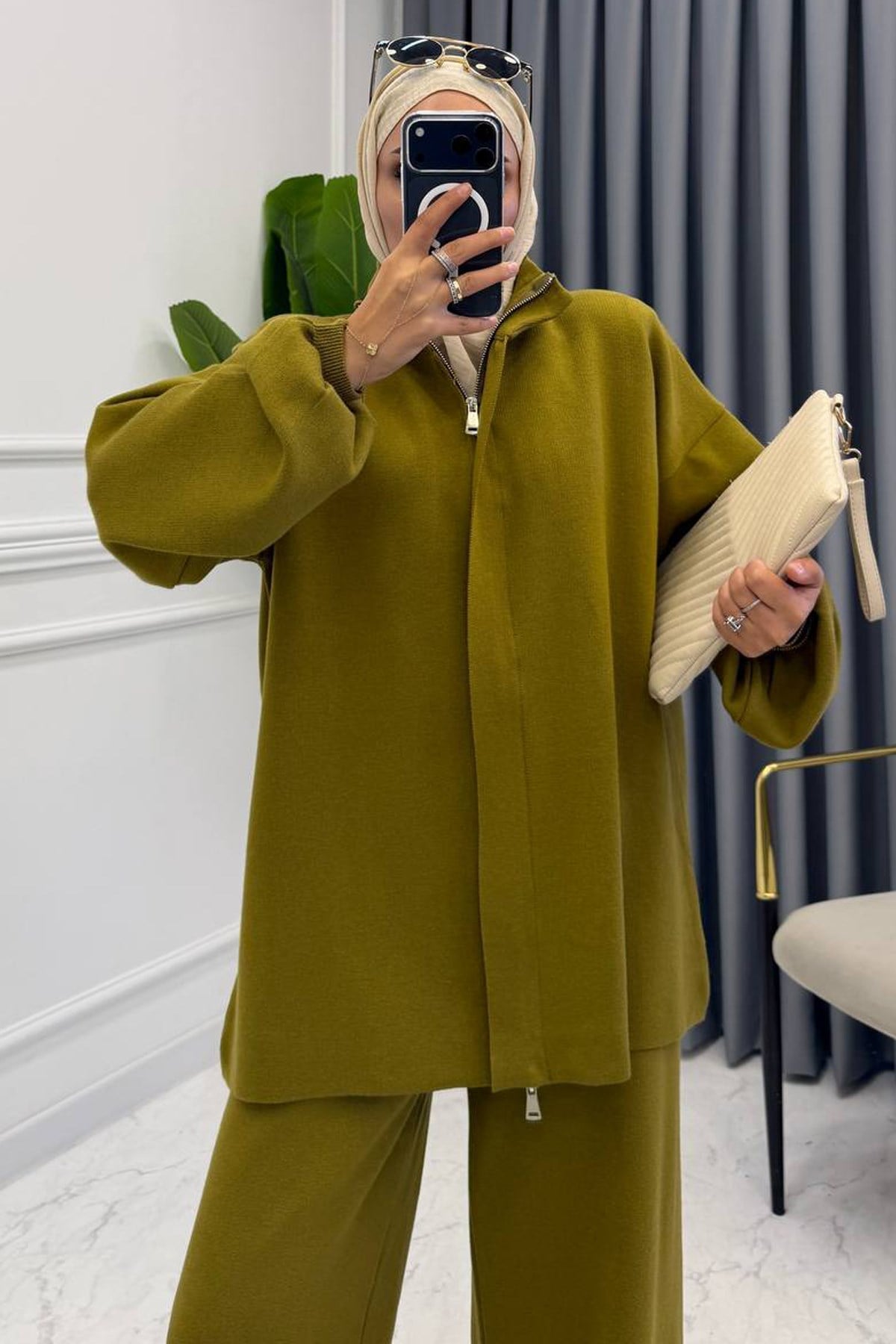 Olive Green Knit Zip-Up Two-Piece