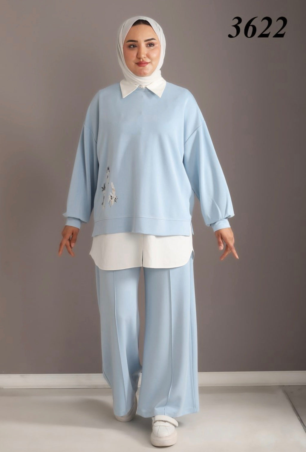 Oysho Soft 3-Piece Embroidered Modest Set - Baby Blue