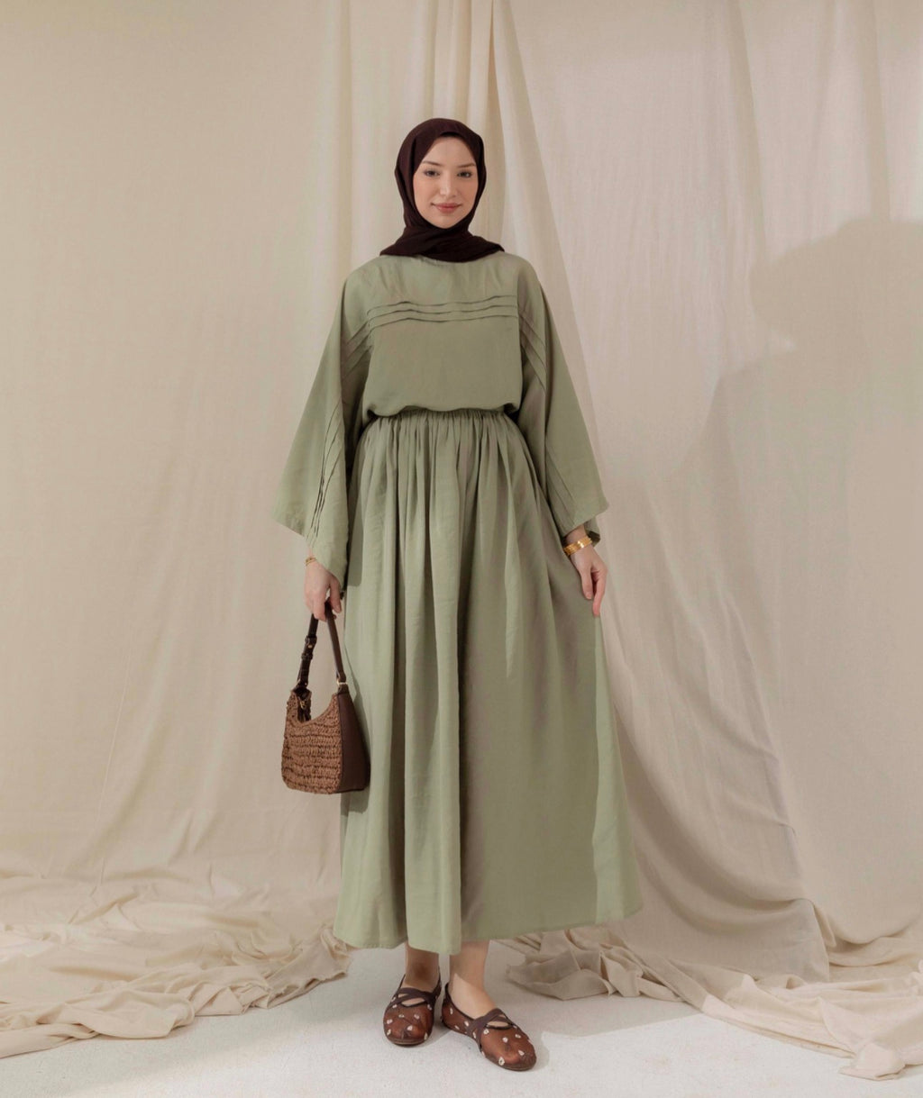 Sage Pleated Cotton Co-ord Skirt Set