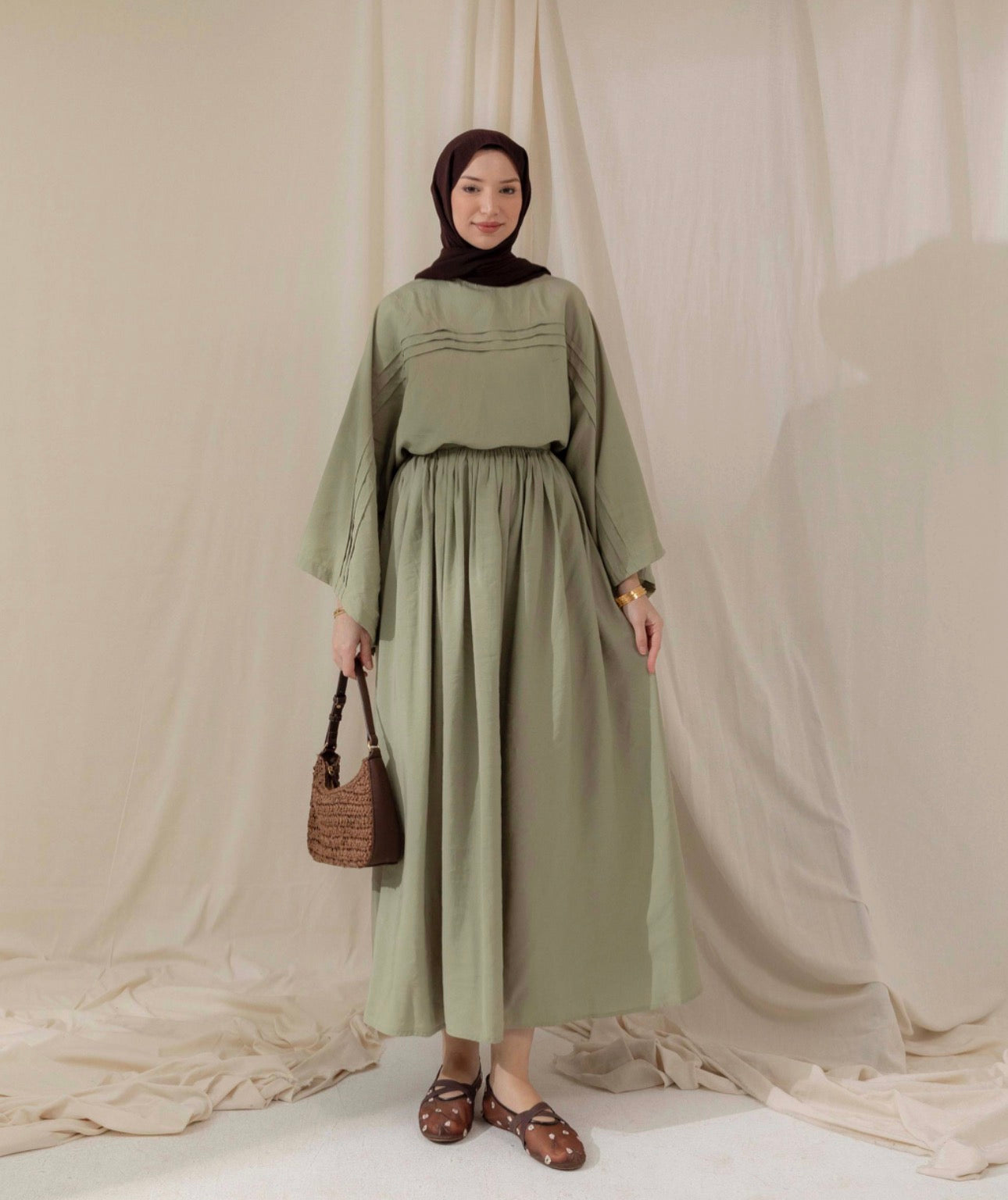 Sage Pleated Cotton Co-ord Skirt Set