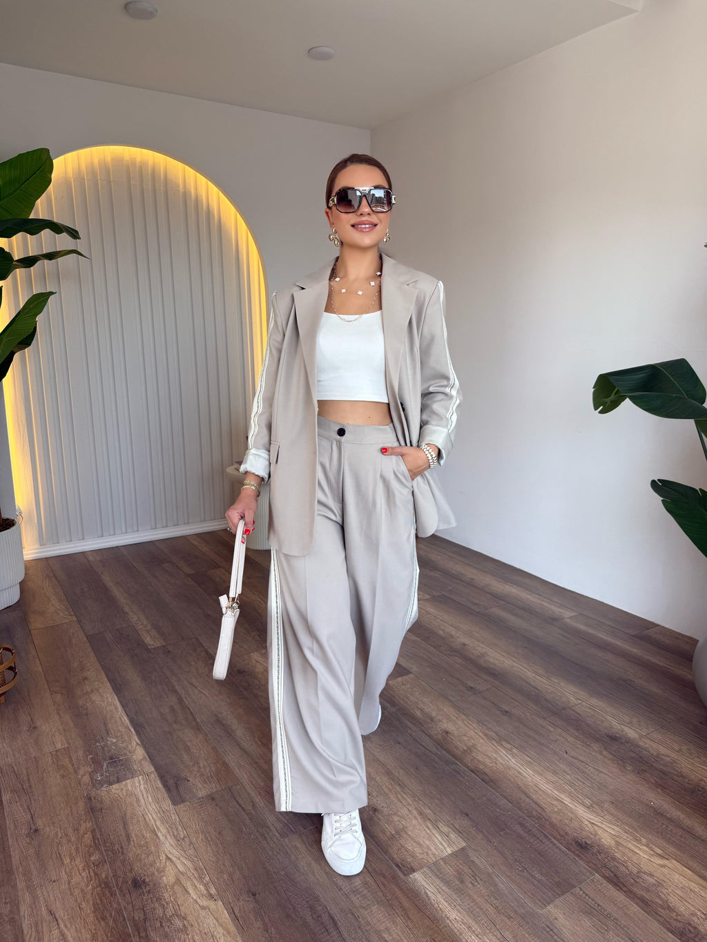 2 -PIECE BEIGE STRIP DETAILED JACKET SET