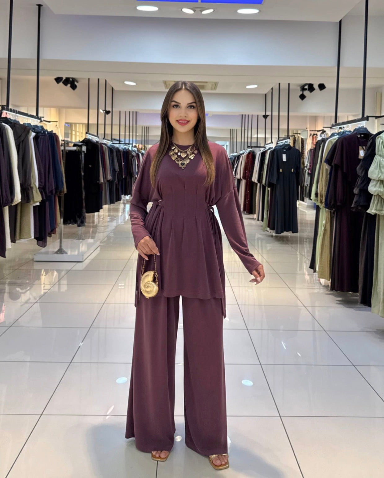 Soft Oysho Gathered Tunic & Pant Set - Plum