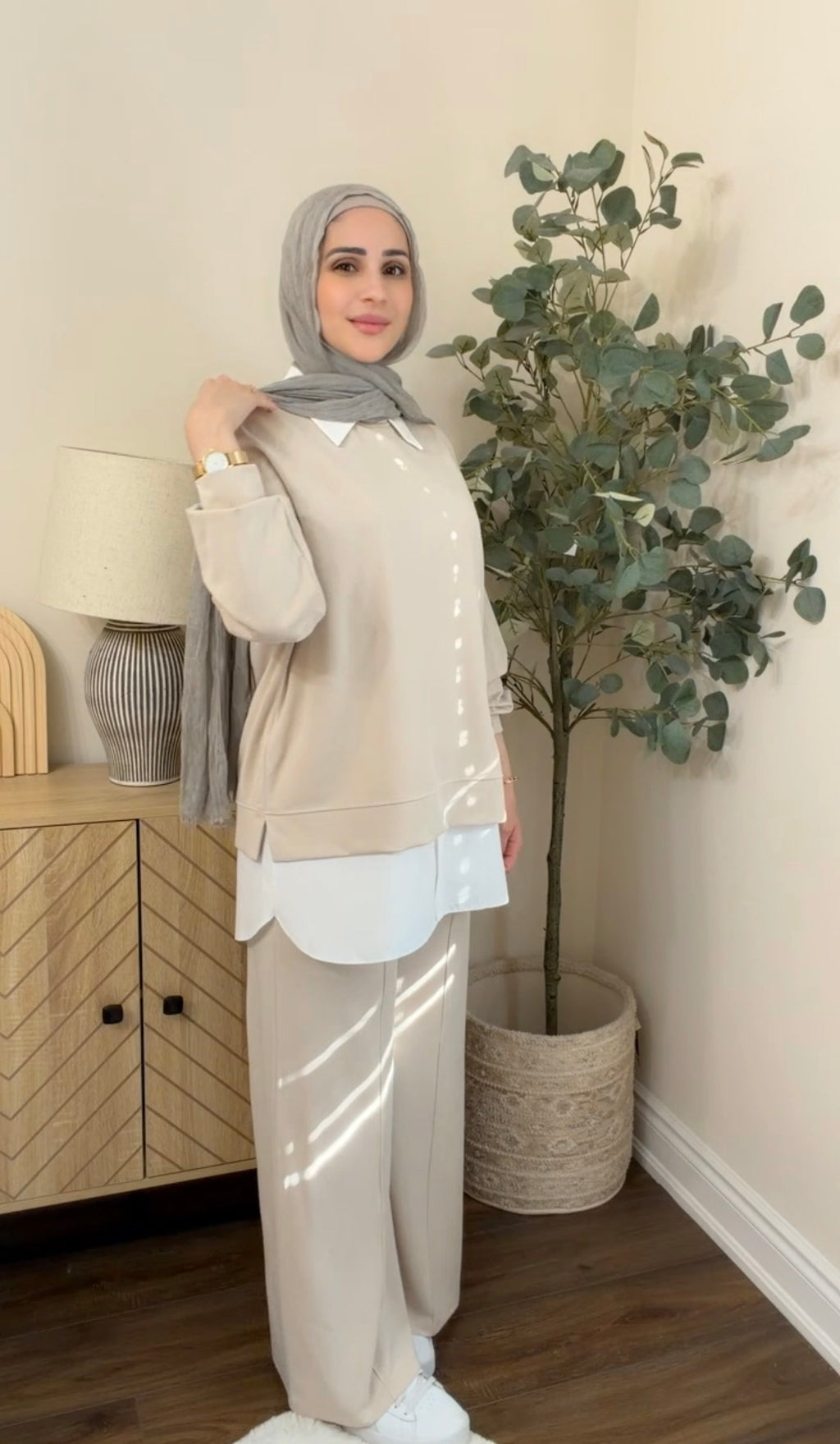 Oysho Soft 3-Piece Embroidered Modest Set - Beige