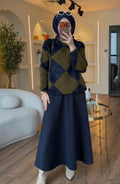 Winter Argyle Sweater & Scuba Skirt Set - Navy Blue