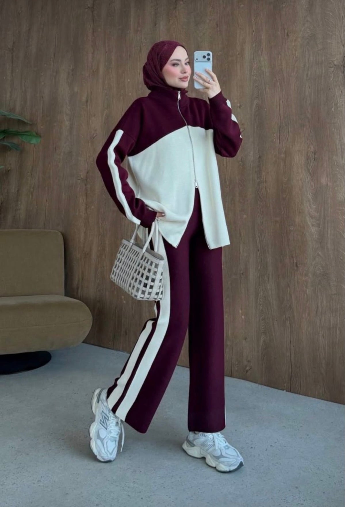 Triko Set Color Blocked Zip Cardigan Pants Bordo