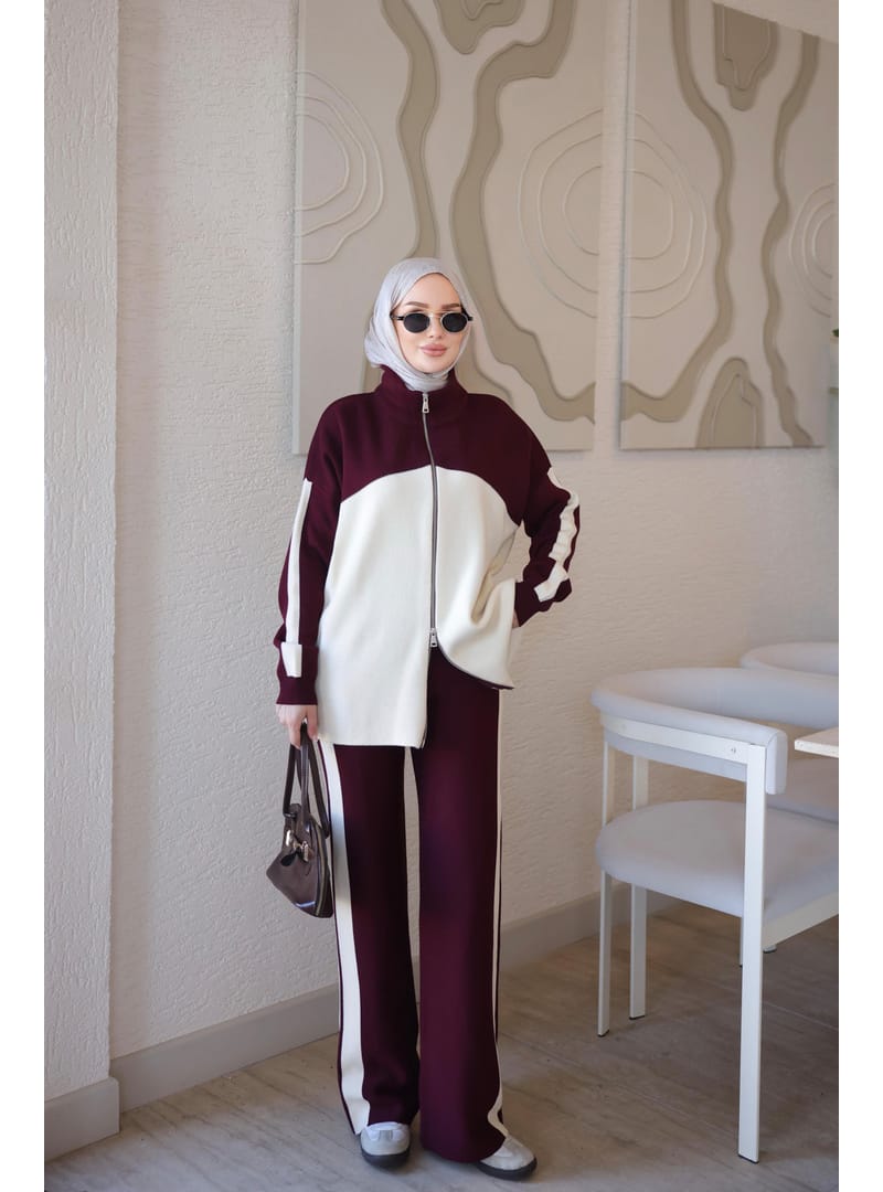 Triko Set Color Blocked Zip Cardigan Pants Bordo