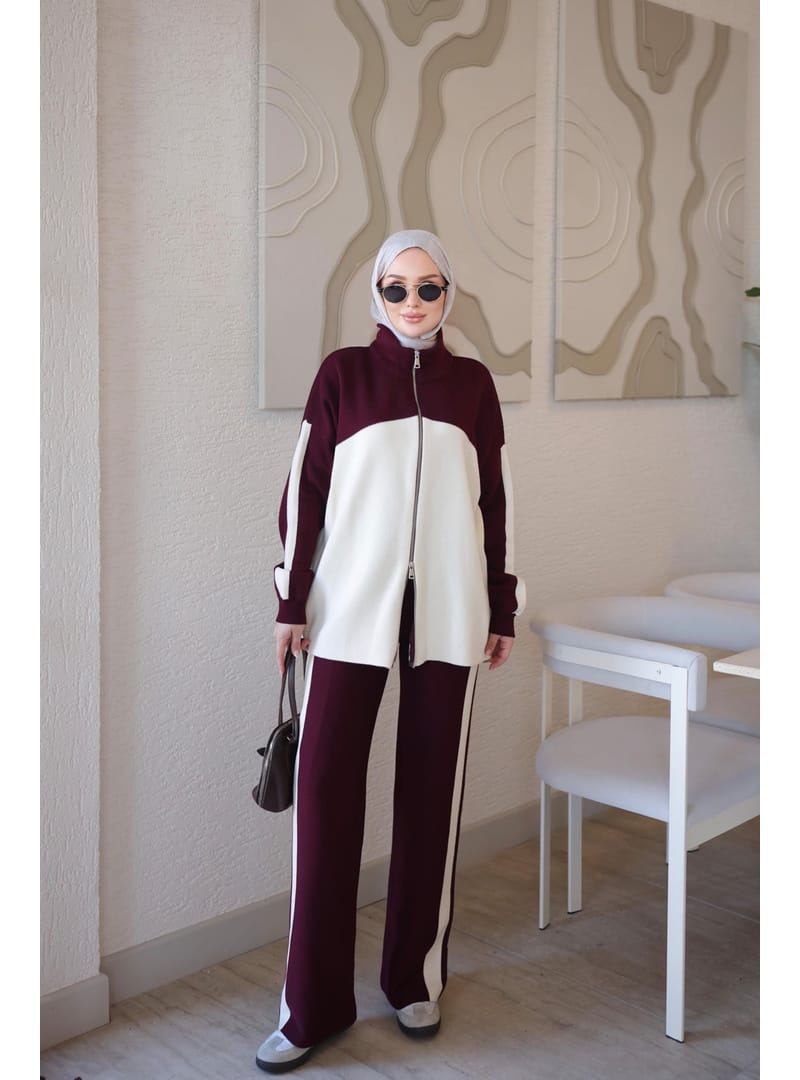 Triko Set Color Blocked Zip Cardigan Pants Bordo