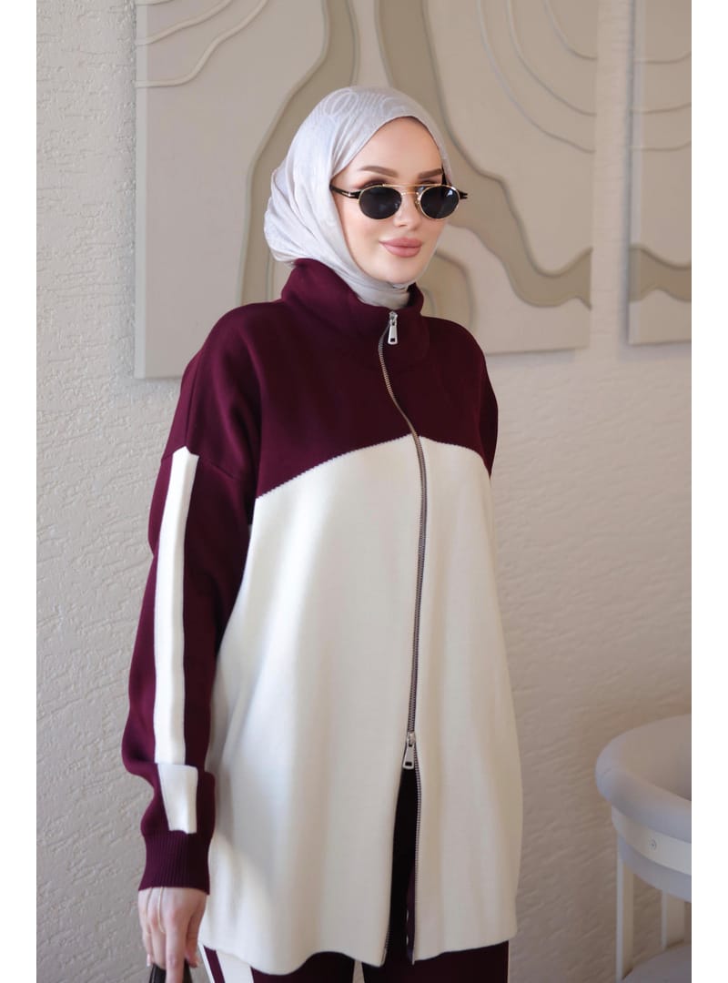 Triko Set Color Blocked Zip Cardigan Pants Bordo