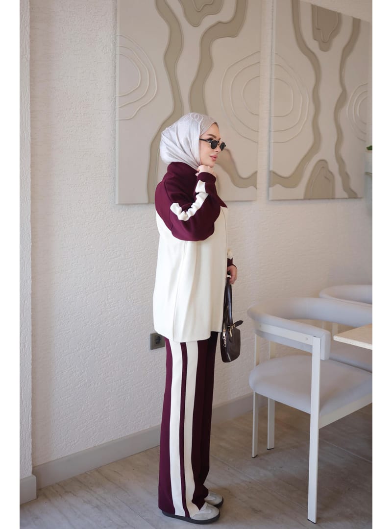 Triko Set Color Blocked Zip Cardigan Pants Bordo