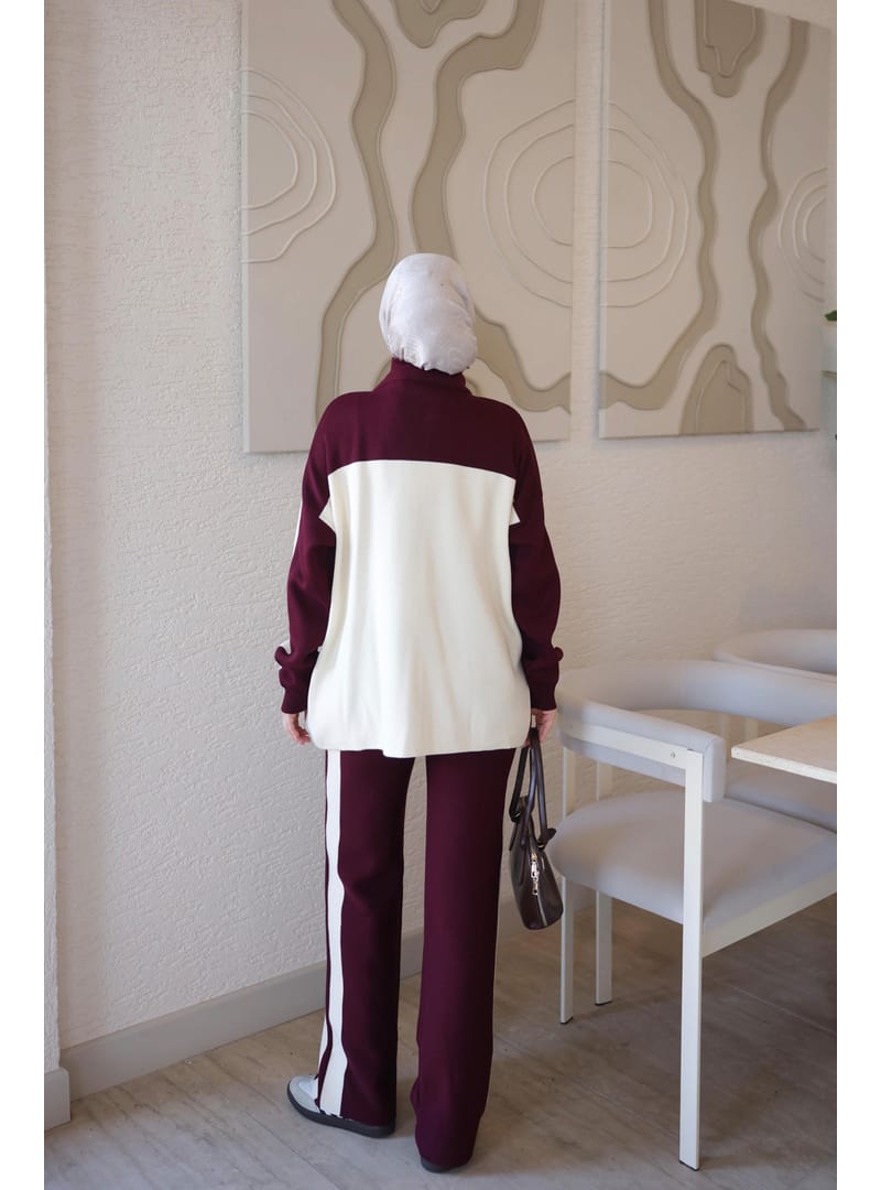 Triko Set Color Blocked Zip Cardigan Pants Bordo