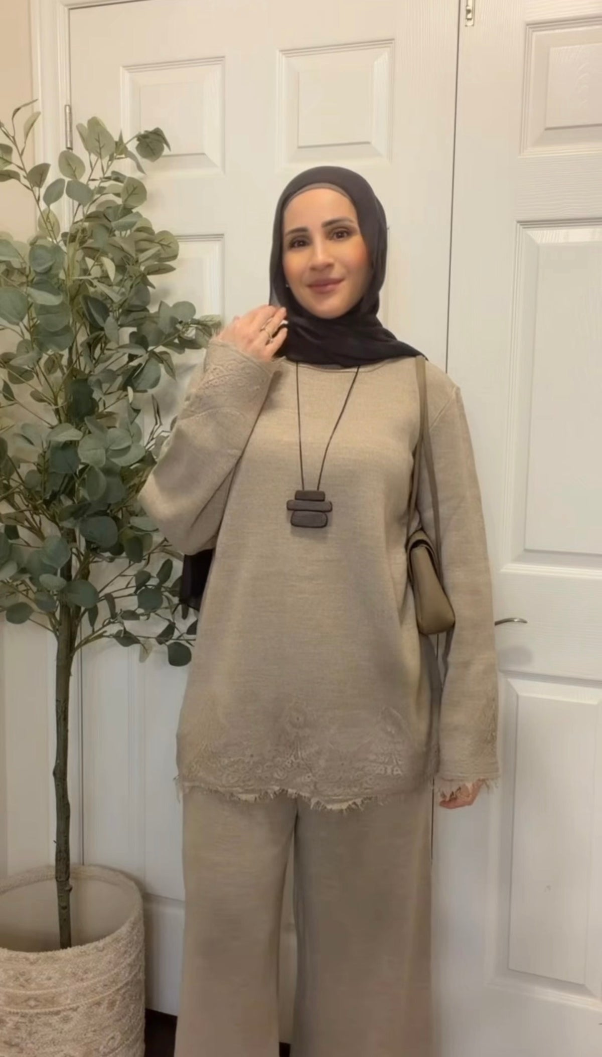 Lace-Trim Soft Knit Two-Piece Set – Taupe