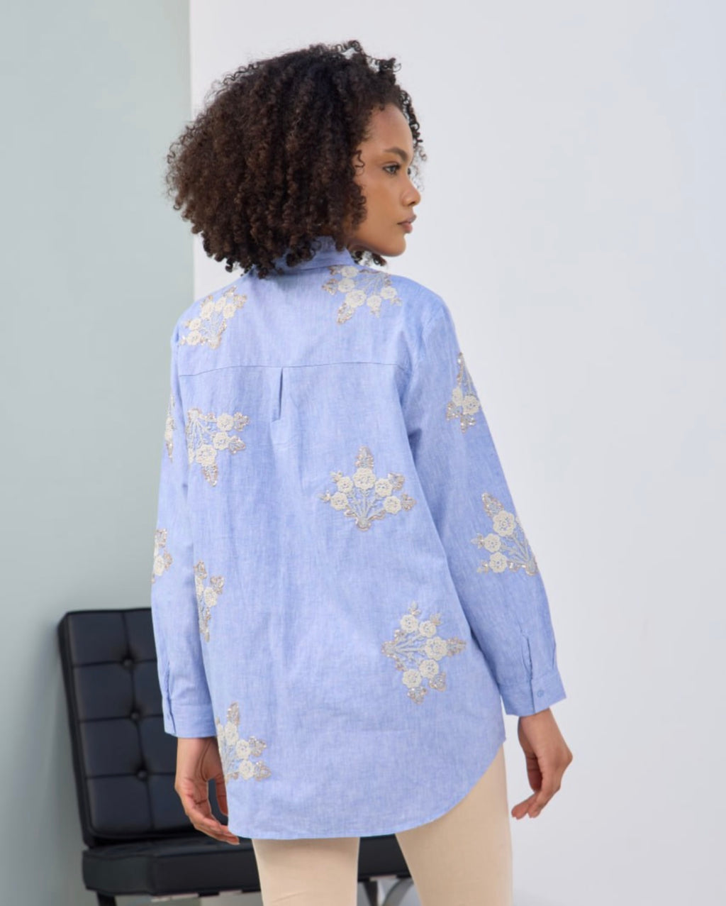 Blue Buttoned Shirt with Embroidry front & Back image 1