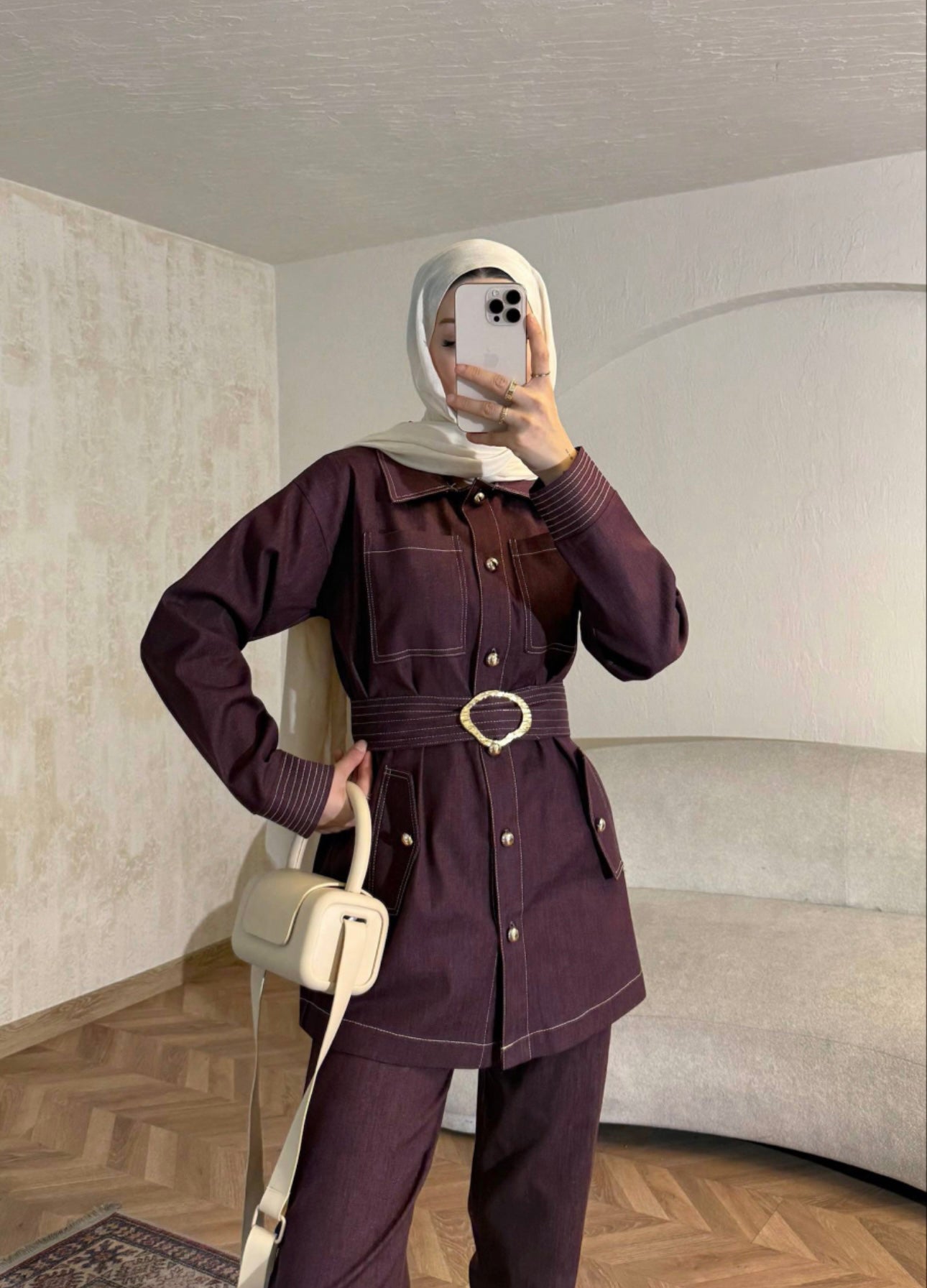 Classic Belted Denim Set – Burgundy image 1